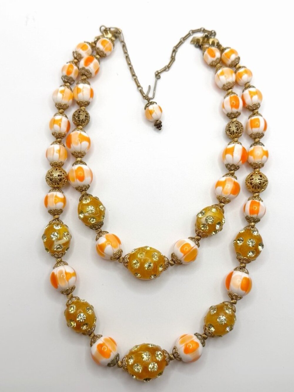 Lisner Orange White & Rhinestone Set Yellow Beaded 2 Strand Necklace‎